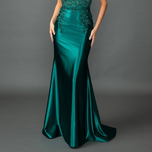 New Off Shoulder Maxi Prom Gown w/ Floral Lace Over Sheer Boned Bodice DQ 4540 - Picture 5 of 8